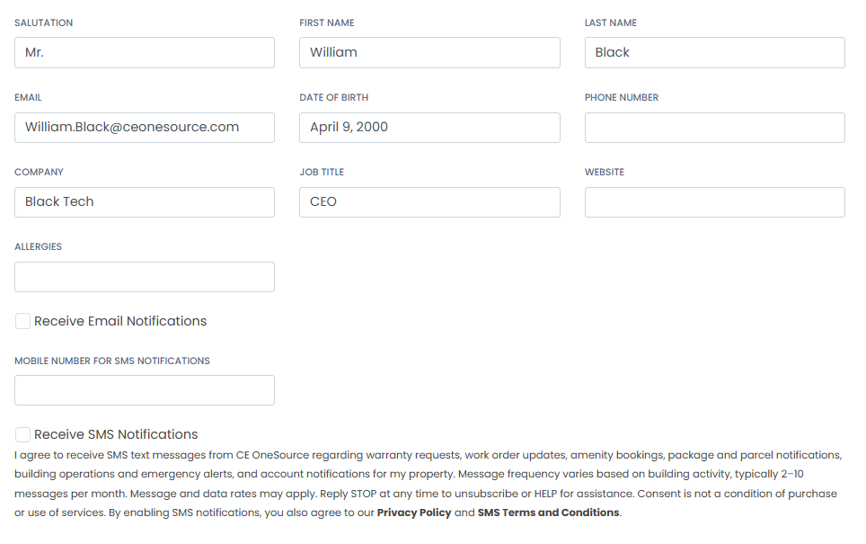 CE OneSource HomeDesk SMS Notifications opt-in form with mobile number field and consent checkbox.